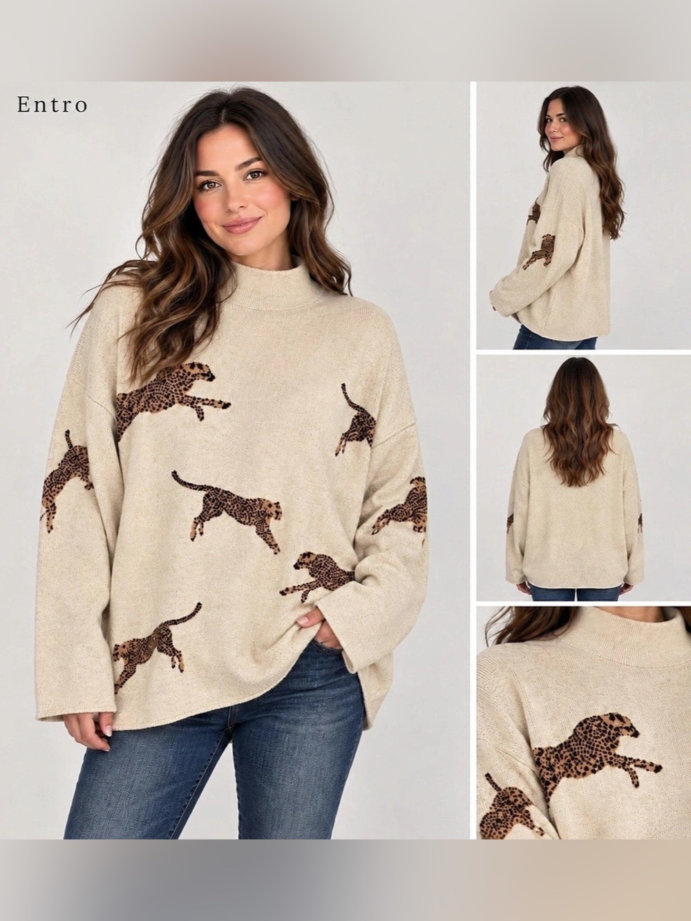 Entro Women’s Large Tan Cheetah Leopard Print Mock Neck Oversized Sweater